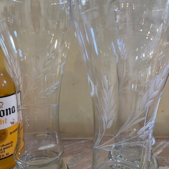 Etched Wheat Design Beer Glasses SET OF 3 - Picture 2 of 3